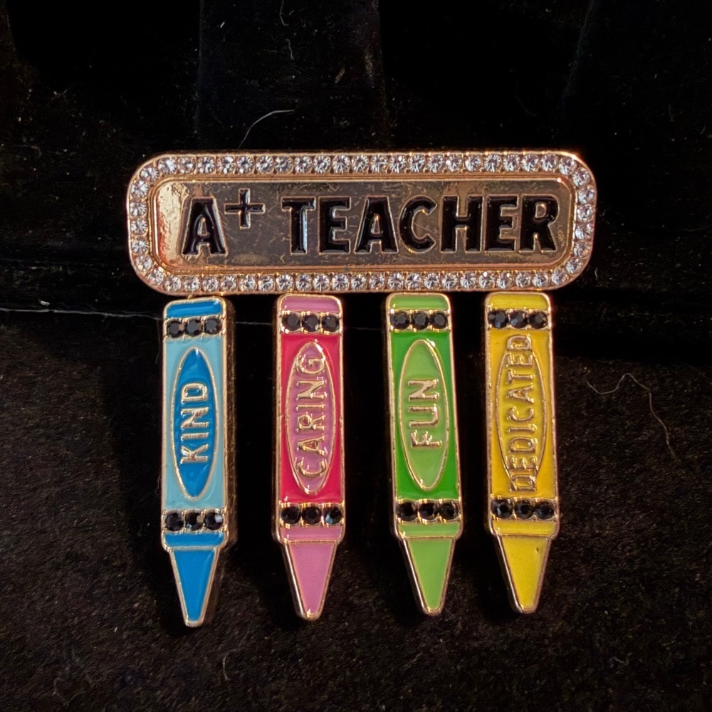 BaubleBar A+ Teacher Brooch Gold Tone Rhinestone Enamel Crayon Dangle Pin